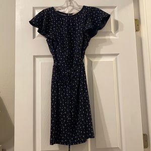 Navy, floral patterned ruffled sleeves dress